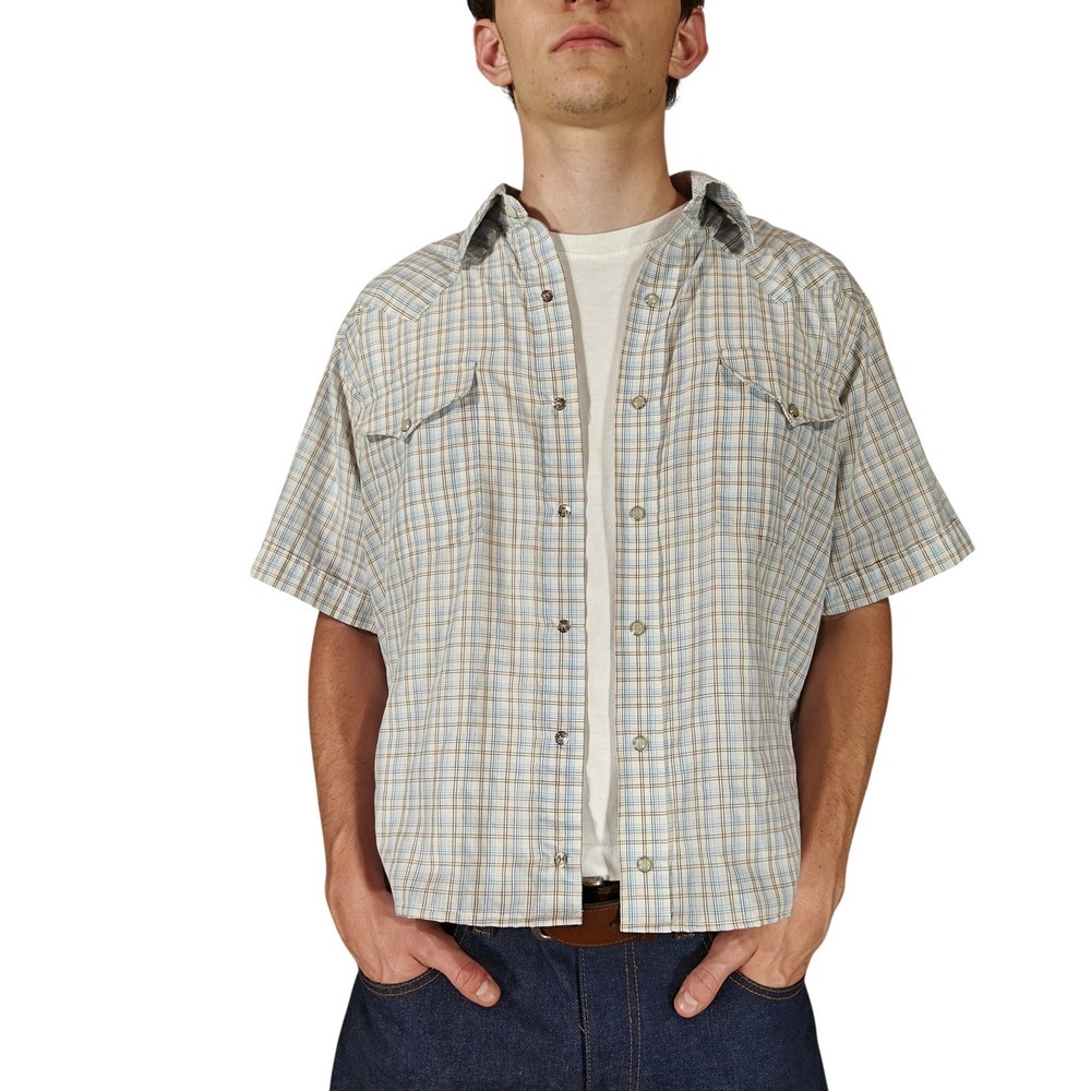 Panhandle Slim Mens Western Shirt Pearl Snap Plaid Cropped Tan Blue Size 16